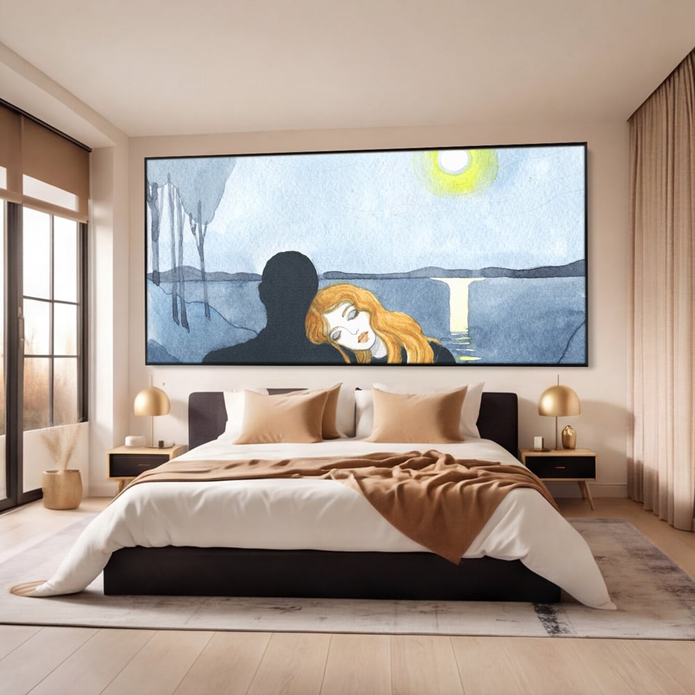 Tablou canvas cu pictura cu un cuplu langa lac, in rama de aluminiu negru, pe perete intr-un dormitor